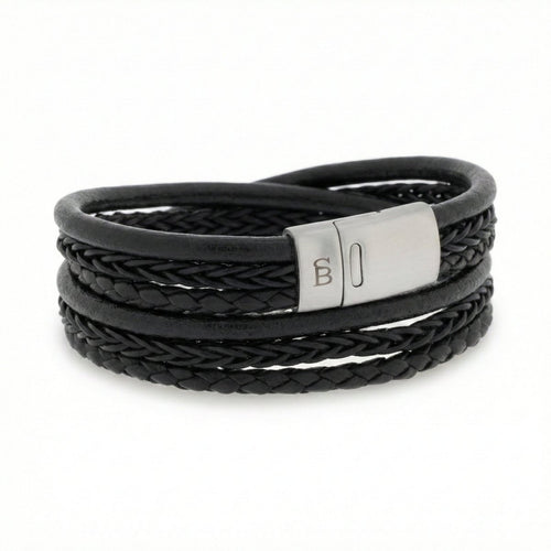 Layered Black Multi Stand Leather Men's Bracelet