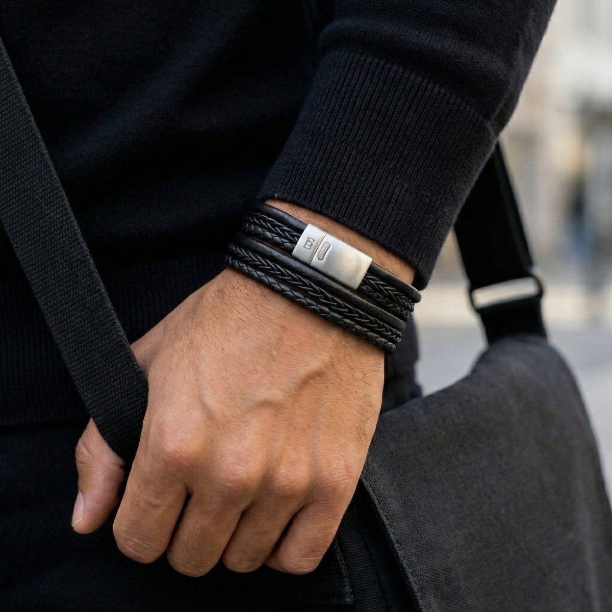 Layered Black Multi Stand Leather Men's Bracelet - STEEL & BARNETT