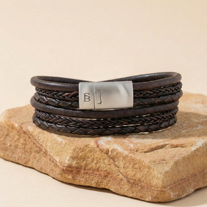 Layered Brown Multi Strand Leather Men's Bracelet - STEEL & BARNETT