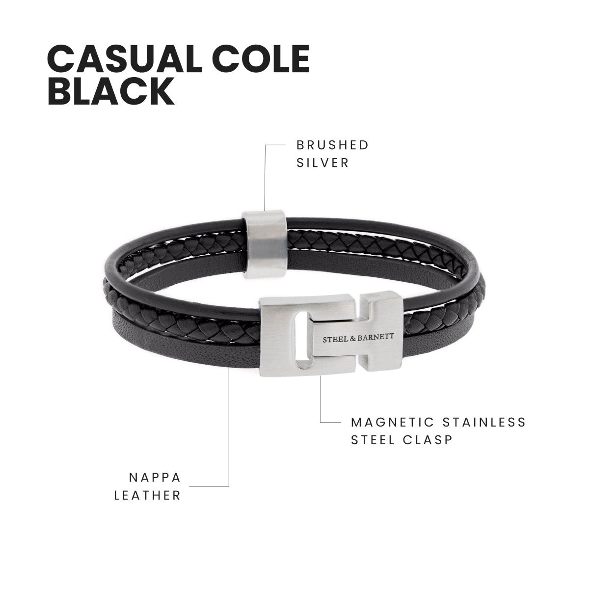 Leather Bracelet Casual Cole Black - STEEL & BARNETT