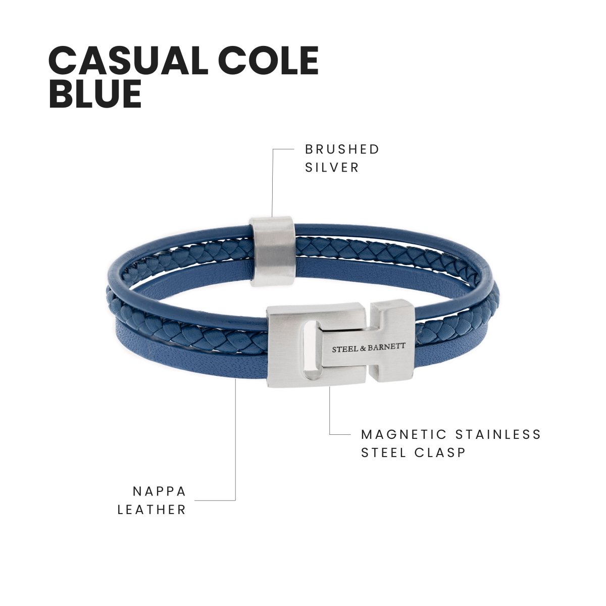 Leather Bracelet Casual Cole Blue - STEEL & BARNETT