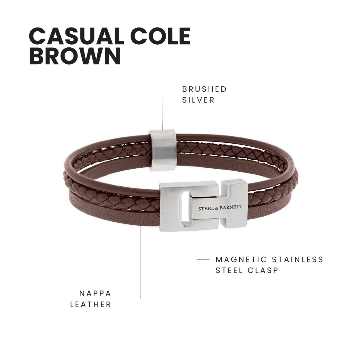 Leather Bracelet Casual Cole Brown - STEEL & BARNETT