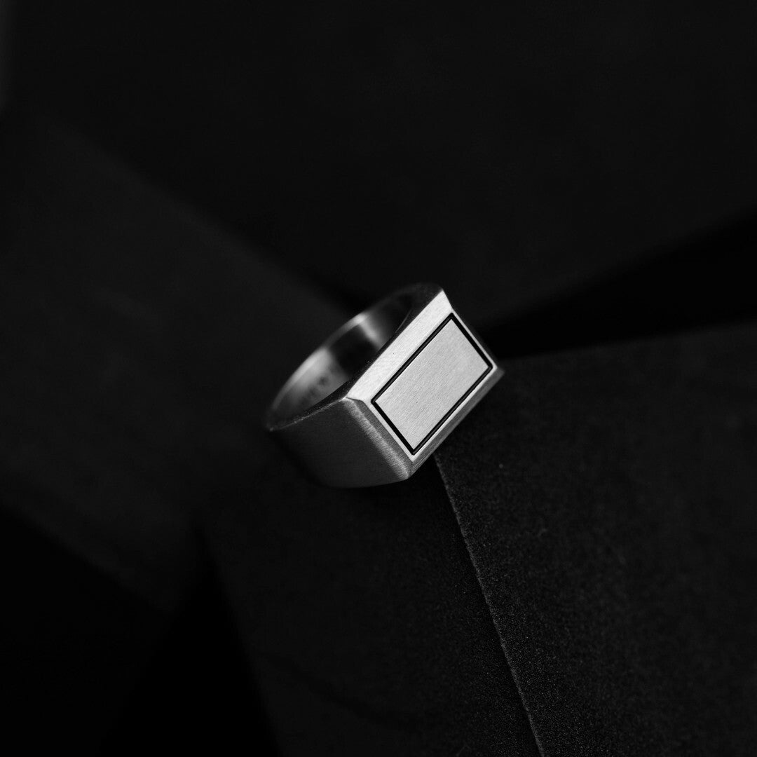 mens silver tone band ring with black stripe