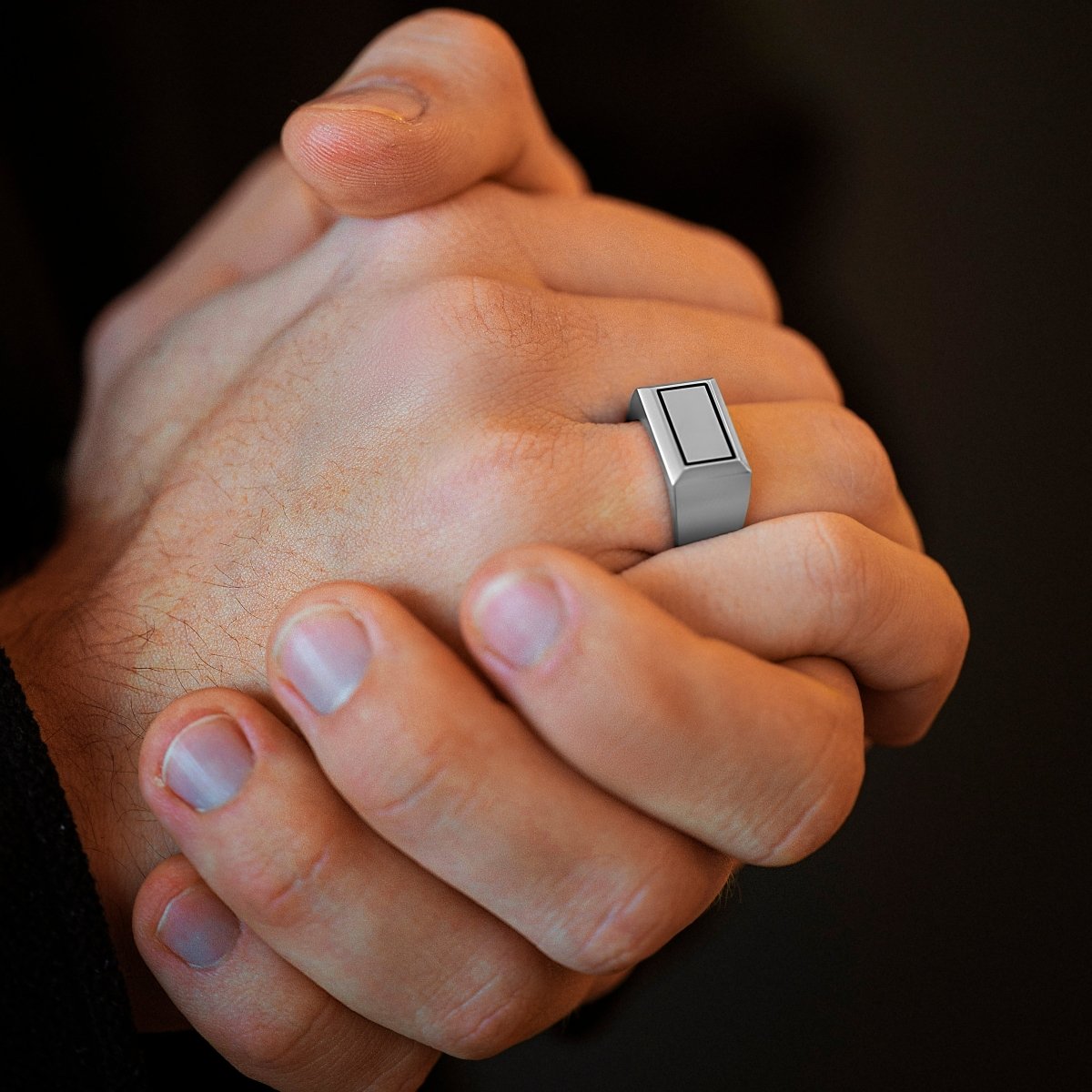 mens brushed stainless steel ring with black line