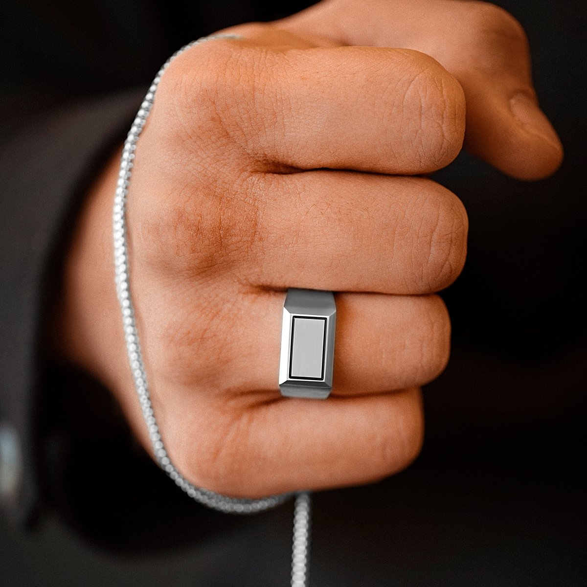 mens minimalist stainless steel ring with black detail