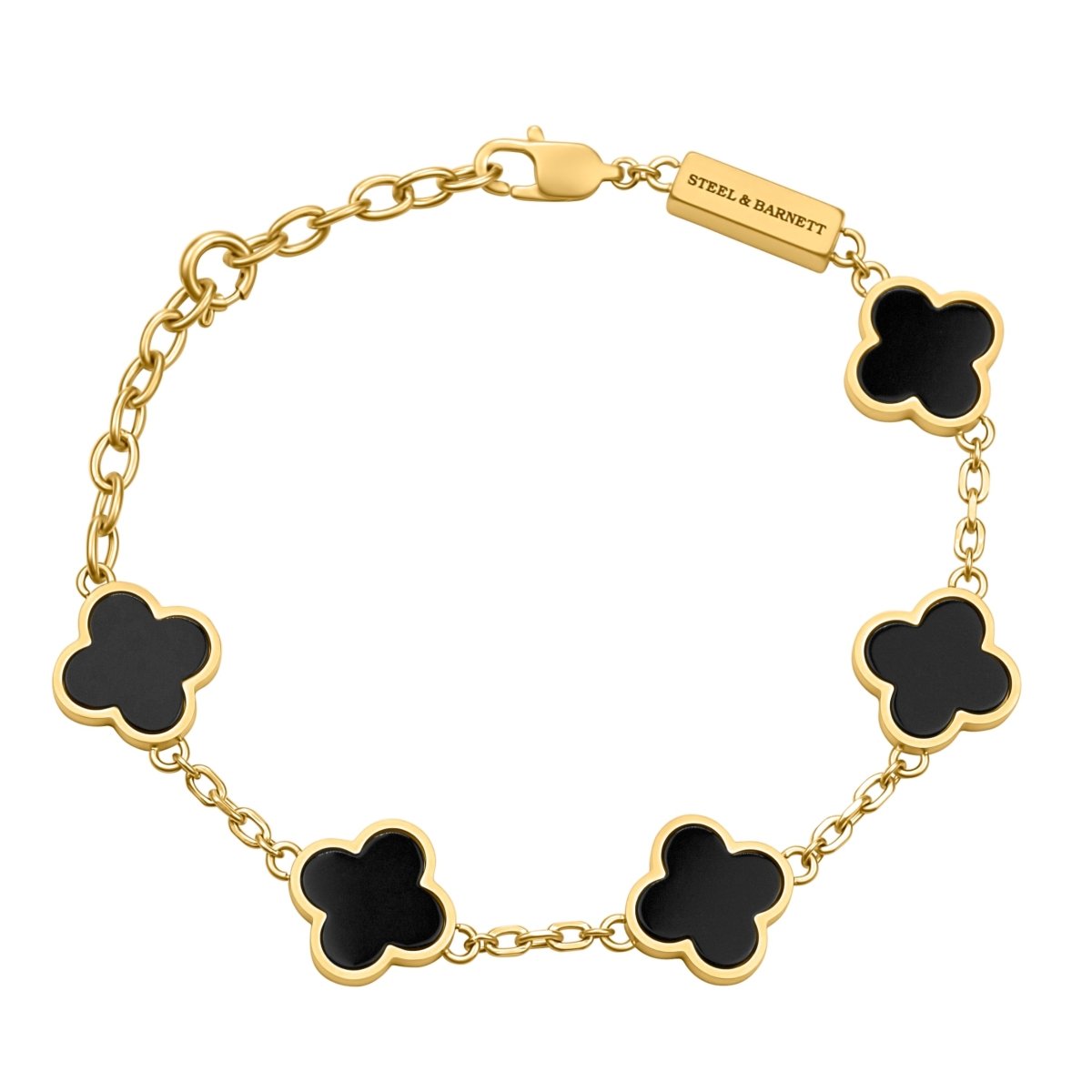 Lucky Clover Black Onyx Charm Bracelet In 18K Plated Gold - STEEL & BARNETT