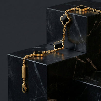Lucky Clover Black Onyx Charm Bracelet In 18K Plated Gold - STEEL & BARNETT