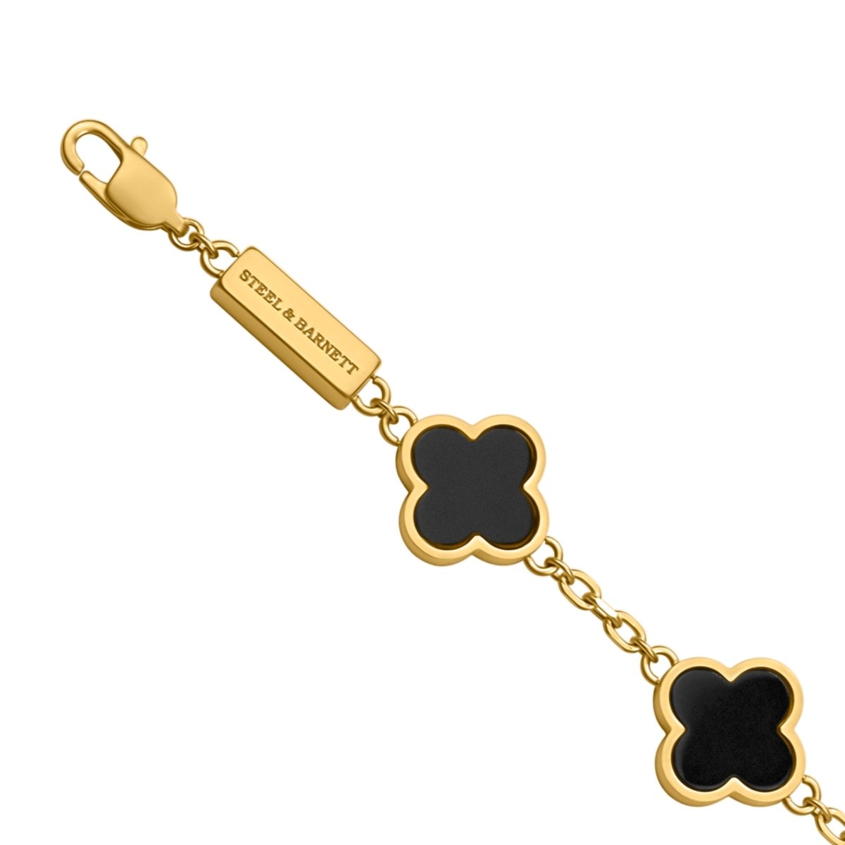 Lucky Clover Black Onyx Charm Bracelet In 18K Plated Gold - STEEL & BARNETT
