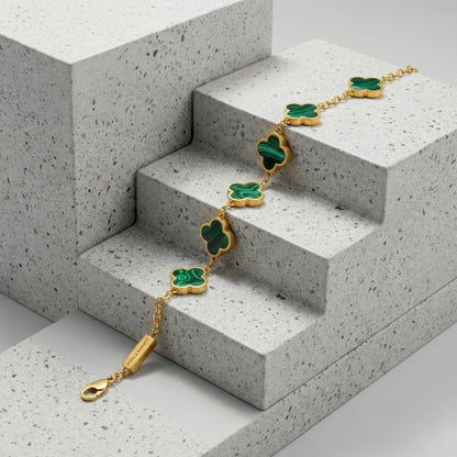 Lucky Clover Malachite Stone Charm Bracelet In Plated 18K Gold - STEEL & BARNETT