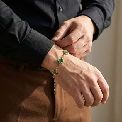 Lucky Clover Malachite Stone Charm Bracelet In Plated 18K Gold - STEEL & BARNETT