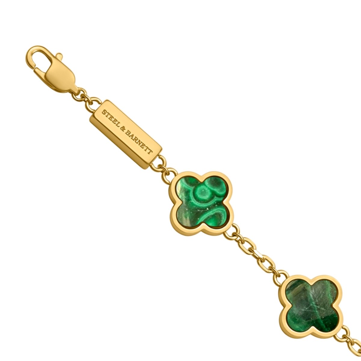 Lucky Clover Malachite Stone Charm Bracelet In Plated 18K Gold - STEEL & BARNETT