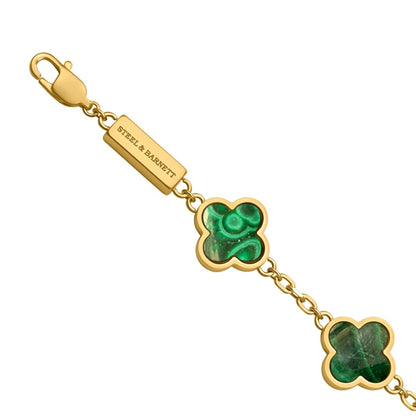 Lucky Clover Malachite Stone Charm Bracelet In Plated 18K Gold - STEEL & BARNETT