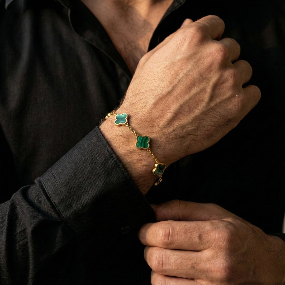 Lucky Clover Malachite Stone Charm Bracelet In Plated 18K Gold - STEEL & BARNETT