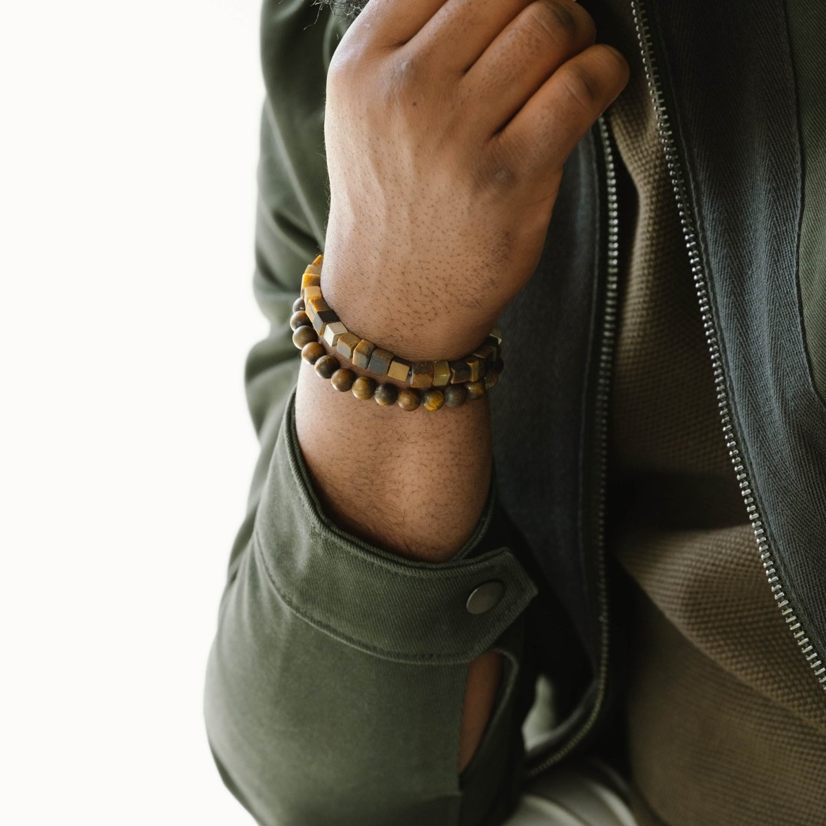 tiger eye stone stretch bracelet matched with tiger eye cubic bead bracelet on top
