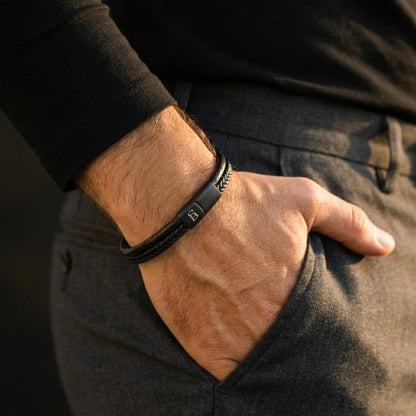 Men’s Black Edition Dual - Band Black Leather Bracelet - STEEL & BARNETT