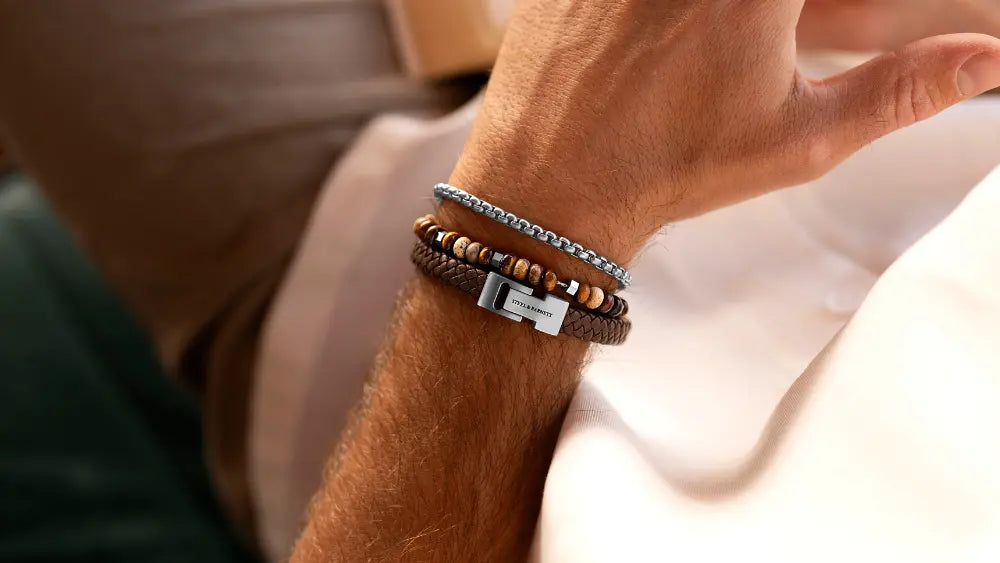 Steel & Barnett men's bracelet collection featuring premium leather bracelets, natural gemstone beads, and stainless steel chains - handcrafted Belgian design.