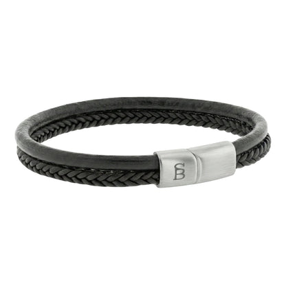 Black cowhide leather bracelet with braided center band and brushed stainless steel magnetic clasp shown on white background