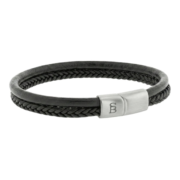 Men's Dual-Band Black Leather Bracelet