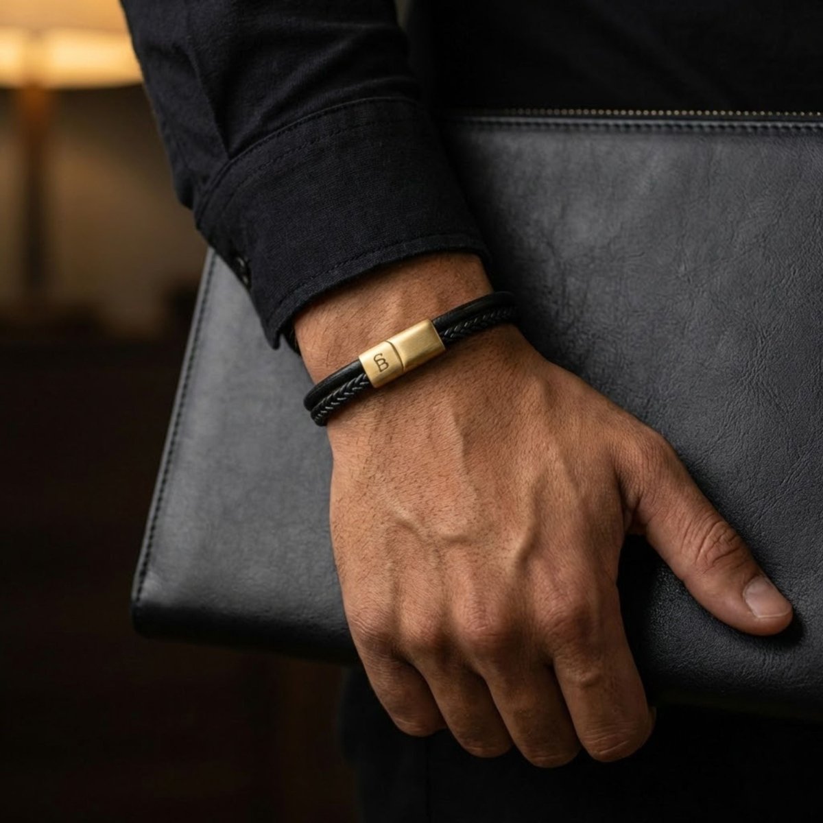 Men’s Dual - Band Black Leather Bracelet with Plated 18K Gold Clasp - STEEL & BARNETT