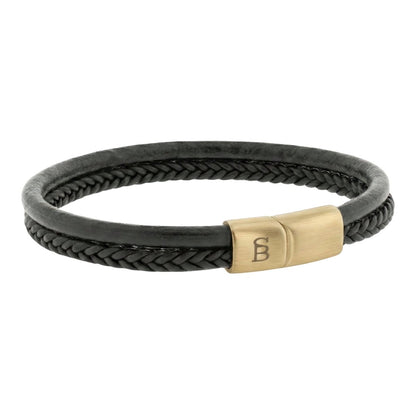 Men’s Dual - Band Black Leather Bracelet with Plated 18K Gold Clasp - STEEL & BARNETT