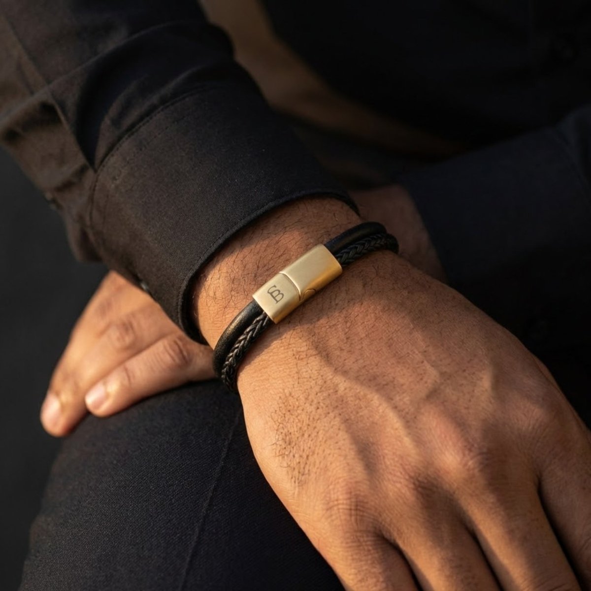 Men’s Dual - Band Black Leather Bracelet with Plated 18K Gold Clasp - STEEL & BARNETT