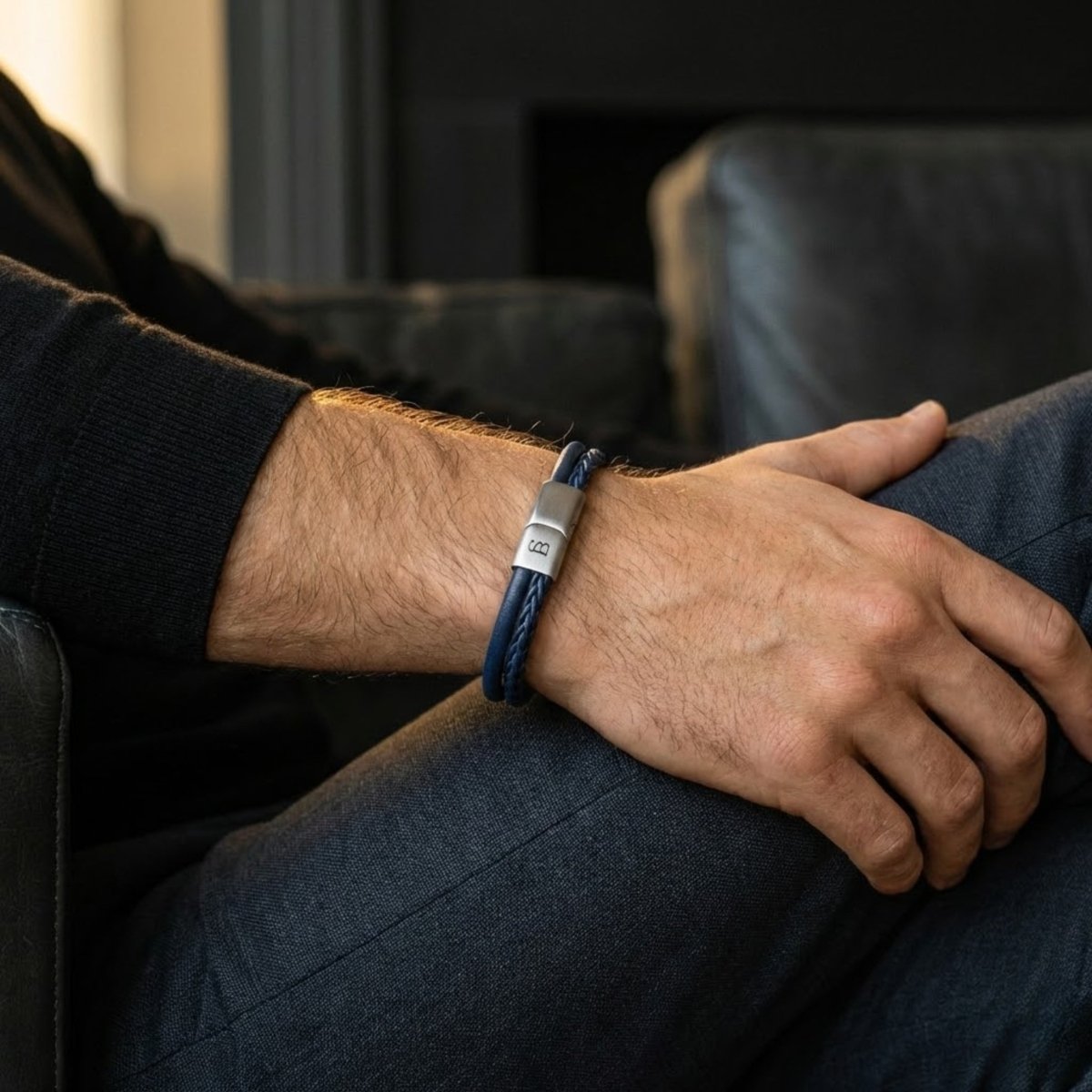 Men's Dual - Band Blue Leather Bracelet - STEEL & BARNETT