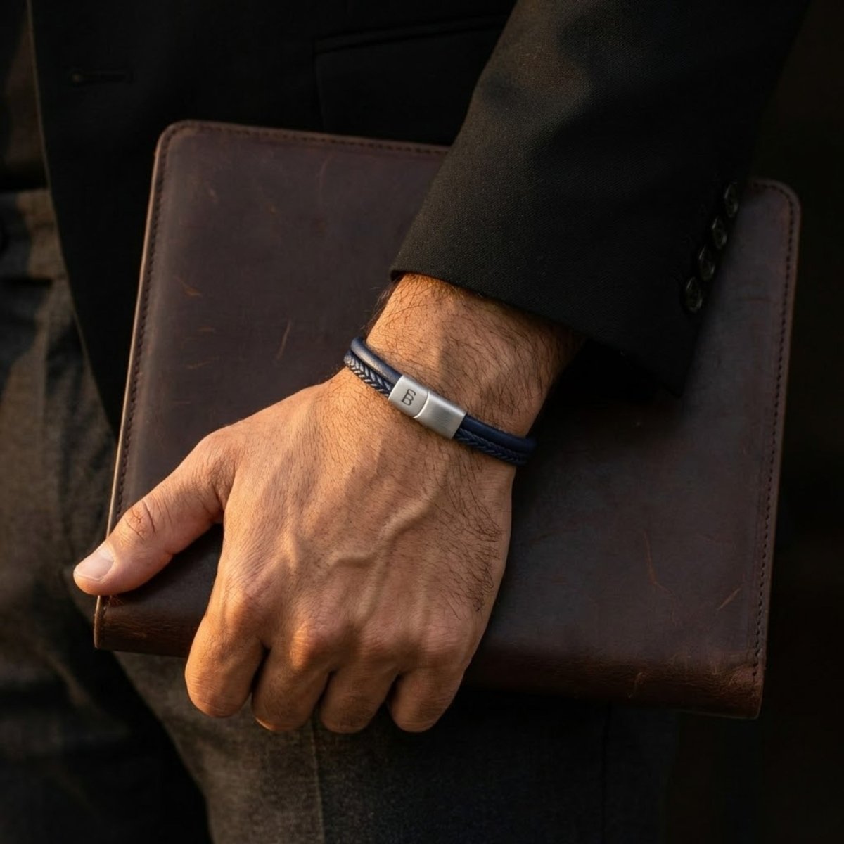 Men's Dual - Band Blue Leather Bracelet - STEEL & BARNETT