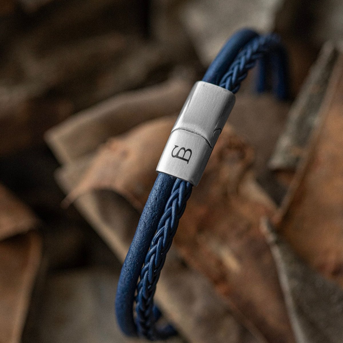 Men's Dual - Band Blue Leather Bracelet - STEEL & BARNETT