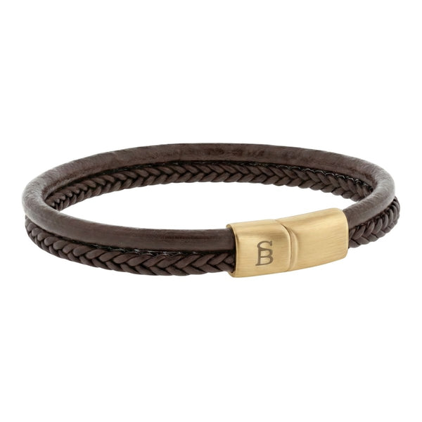 Men's Dual-Band Brown Leather Bracelet with Plated 18K Gold Clasp