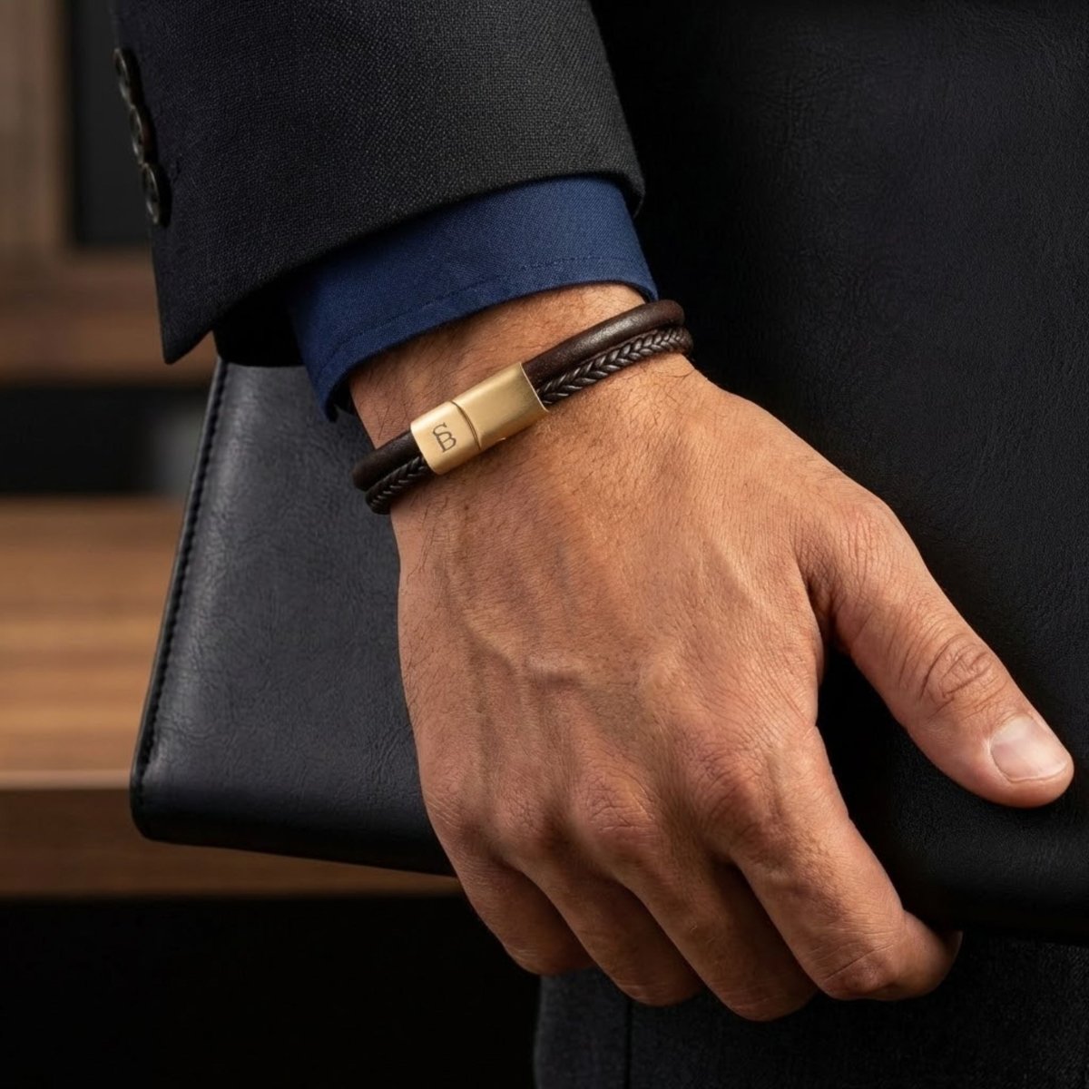 Men's Dual-Band Brown Leather Bracelet with Plated 18K Gold Clasp