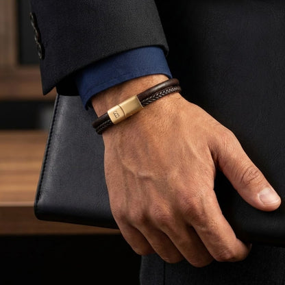 Men's Dual - Band Brown Leather Bracelet with Plated 18K Gold Clasp - STEEL & BARNETT