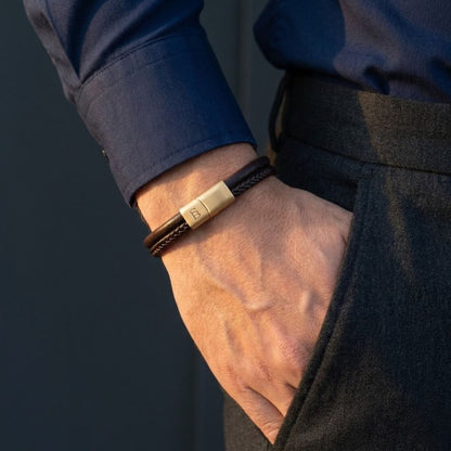 Men's Dual - Band Brown Leather Bracelet with Plated 18K Gold Clasp - STEEL & BARNETT