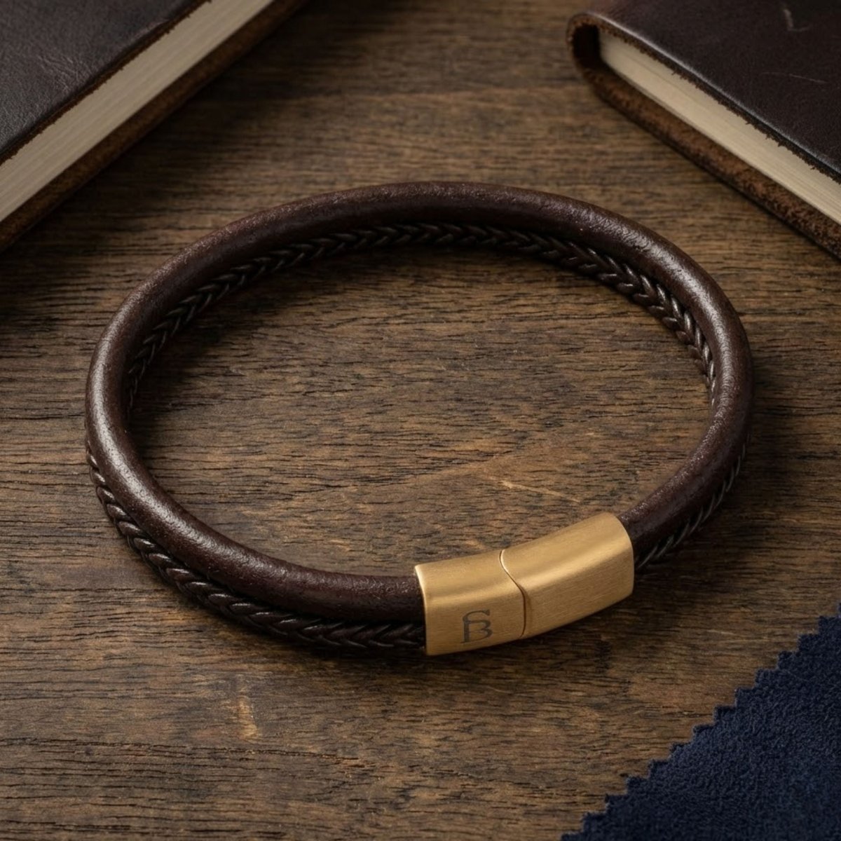 Men's Dual - Band Brown Leather Bracelet with Plated 18K Gold Clasp - STEEL & BARNETT