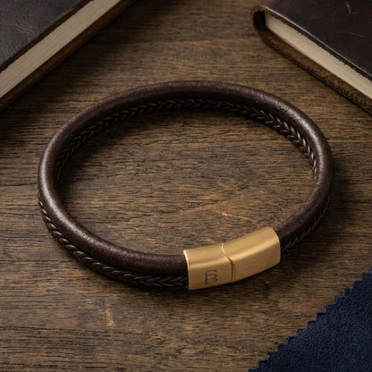 Men's Dual - Band Brown Leather Bracelet with Plated 18K Gold Clasp - STEEL & BARNETT
