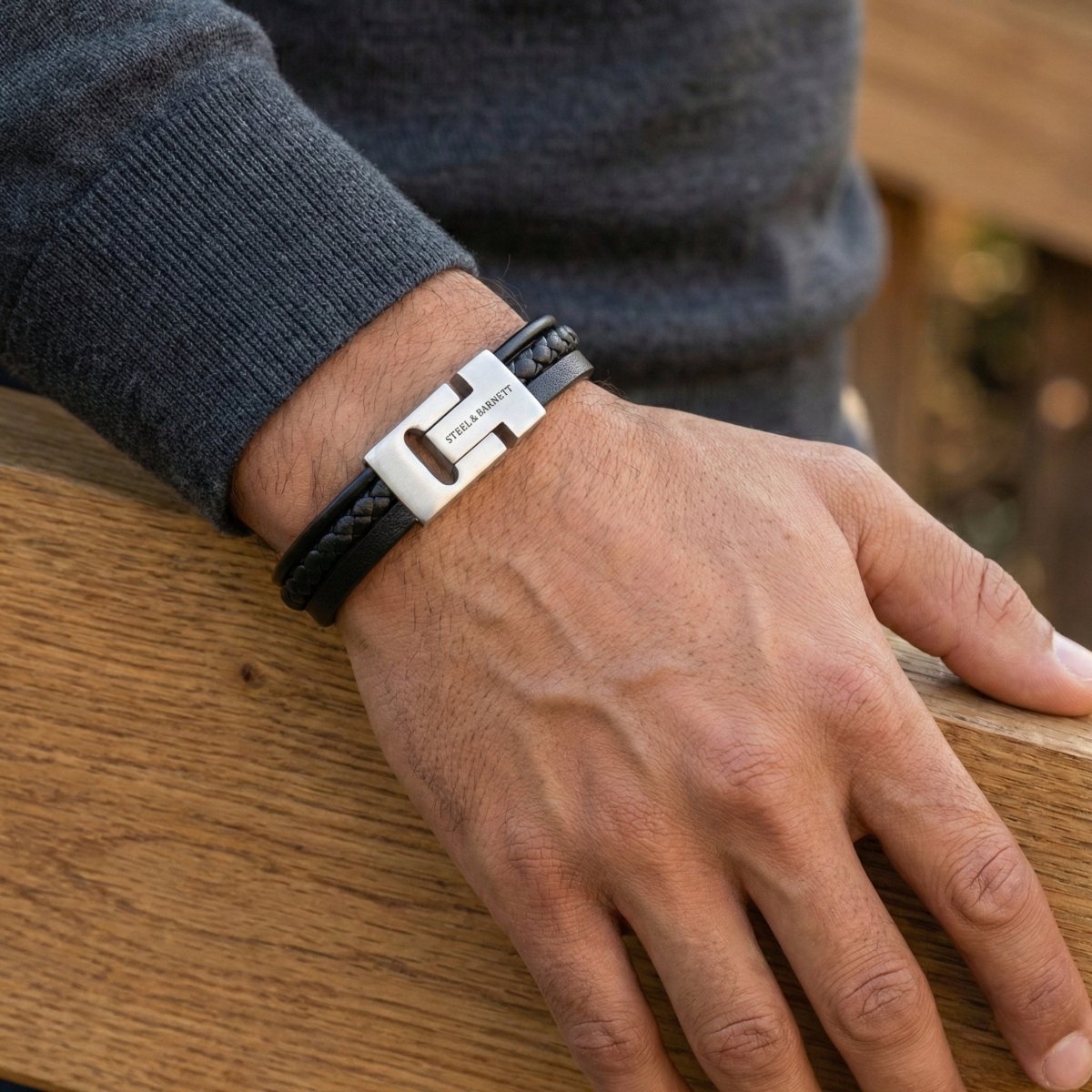 Multi Strand Black Leather Men's Bracelet - STEEL & BARNETT
