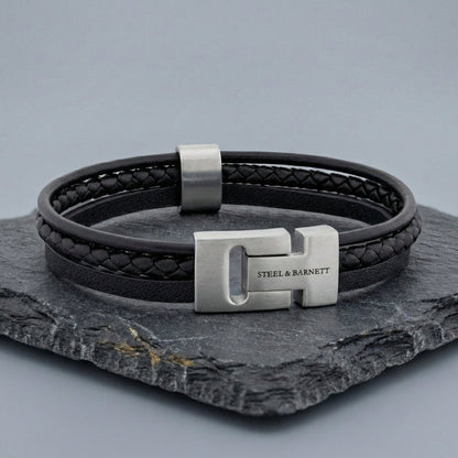 Multi Strand Black Leather Men's Bracelet - STEEL & BARNETT