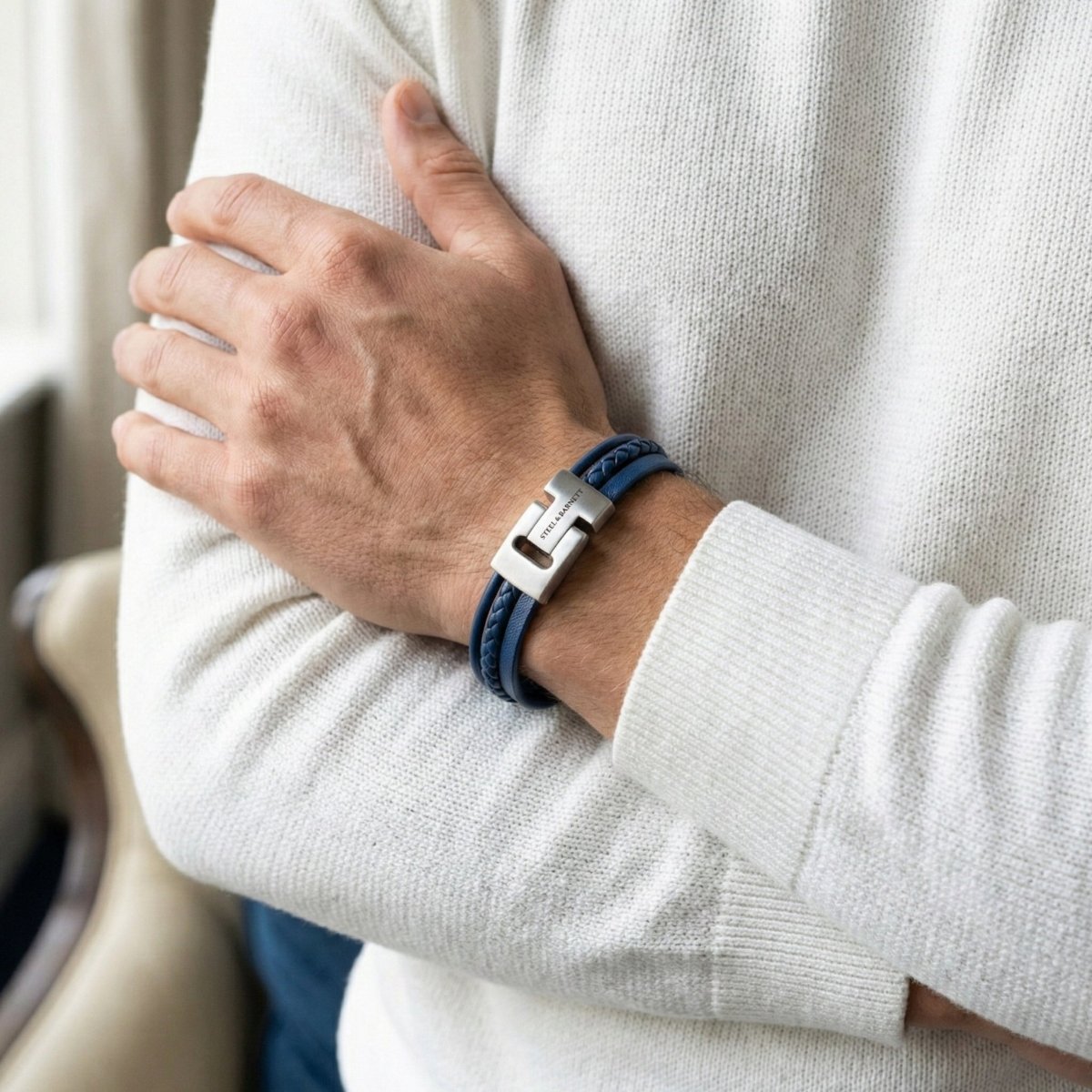 Multi Strand Blue Leather Men's Bracelet - STEEL & BARNETT