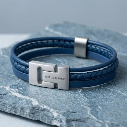 Multi Strand Blue Leather Men's Bracelet - STEEL & BARNETT