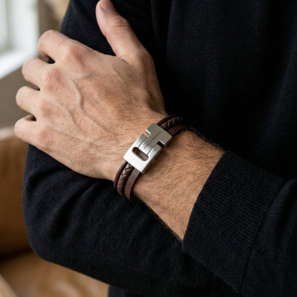 Multi Strand Brown Leather Men’s Bracelet - STEEL & BARNETT