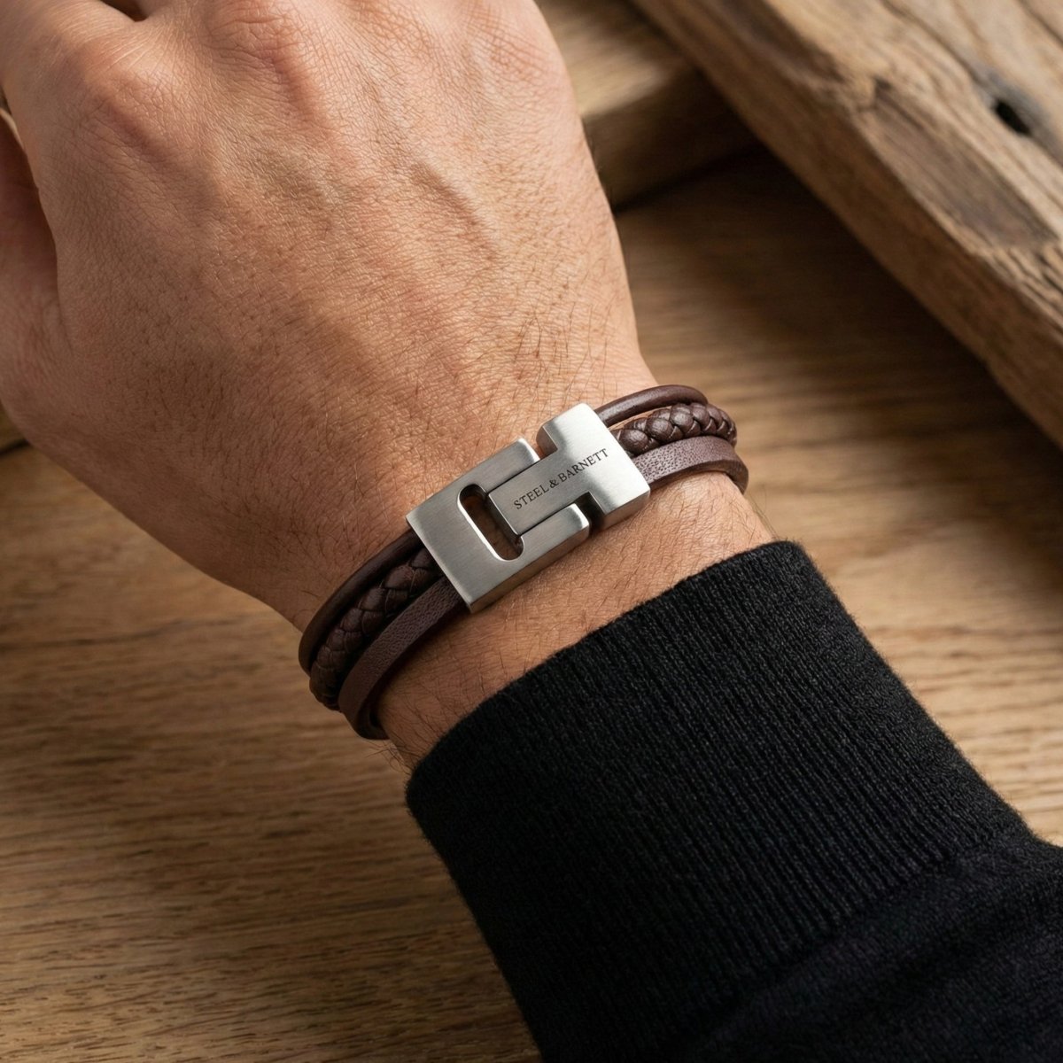 Multi Strand Brown Leather Men’s Bracelet - STEEL & BARNETT