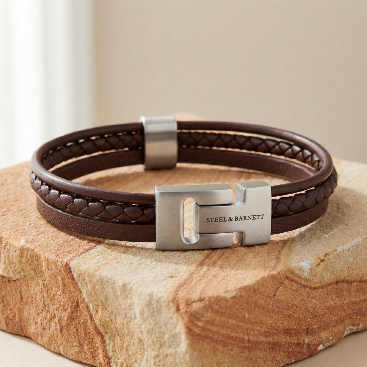 Multi Strand Brown Leather Men’s Bracelet - STEEL & BARNETT