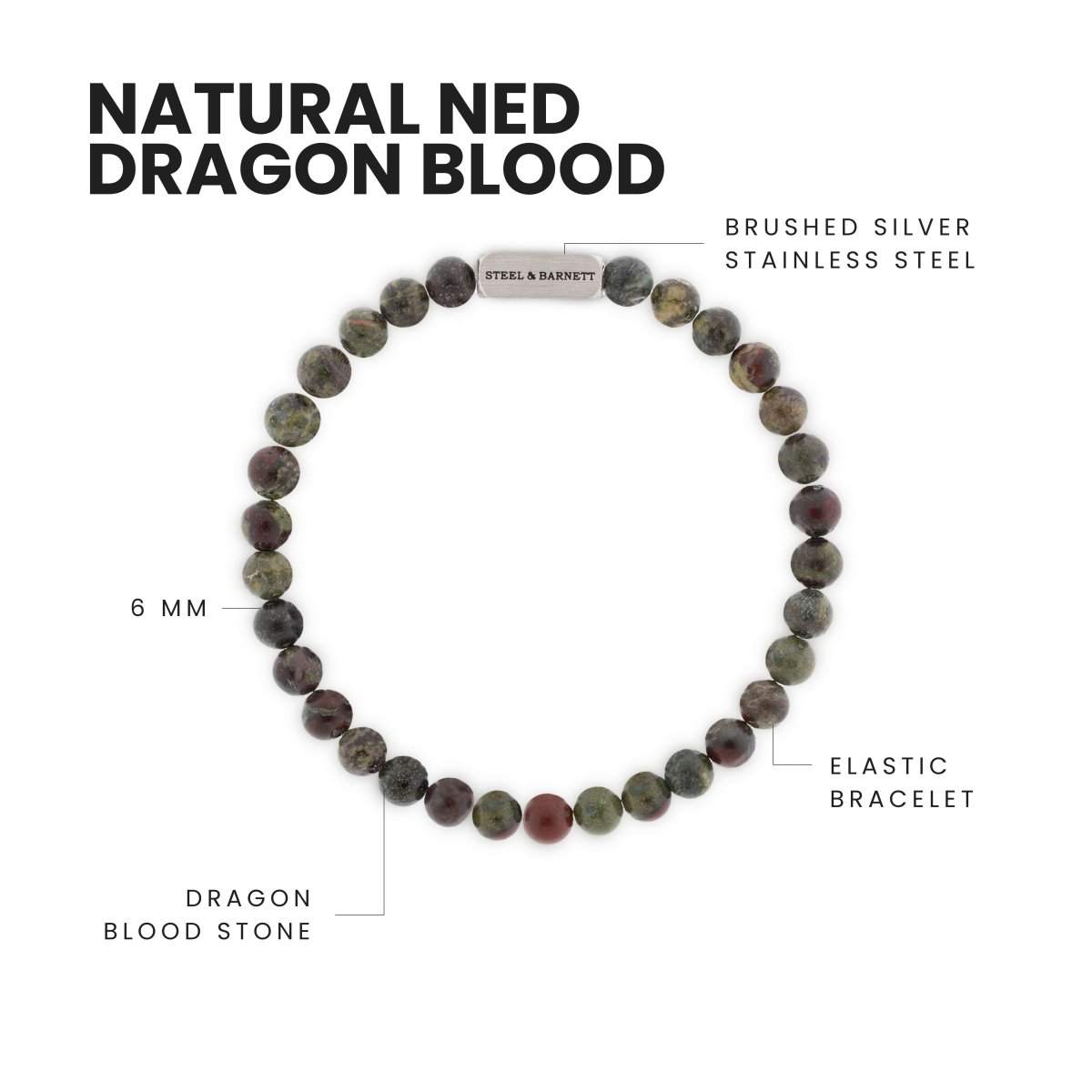 Natural Ned 6mm Round Gemstone Bracelet Dragon Blood - STEEL & BARNETT