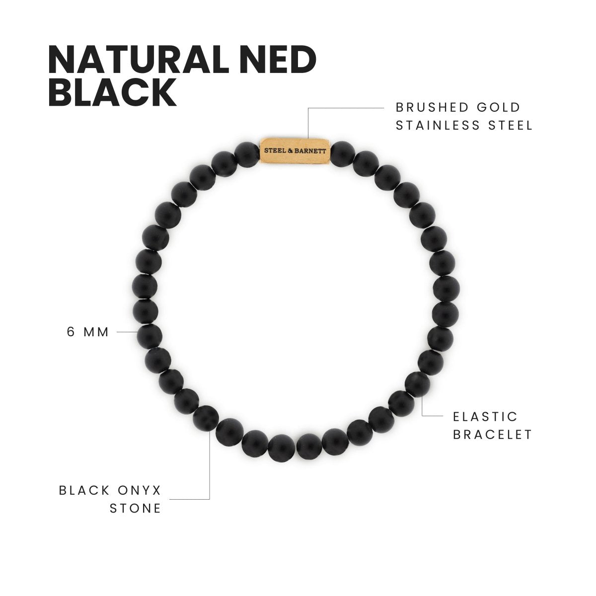 Natural Ned 6mm Round Gemstone Bracelet Matt Black Onyx/18K Gold - STEEL & BARNETT
