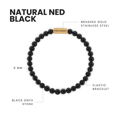 Natural Ned 6mm Round Gemstone Bracelet Matt Black Onyx/18K Gold - STEEL & BARNETT
