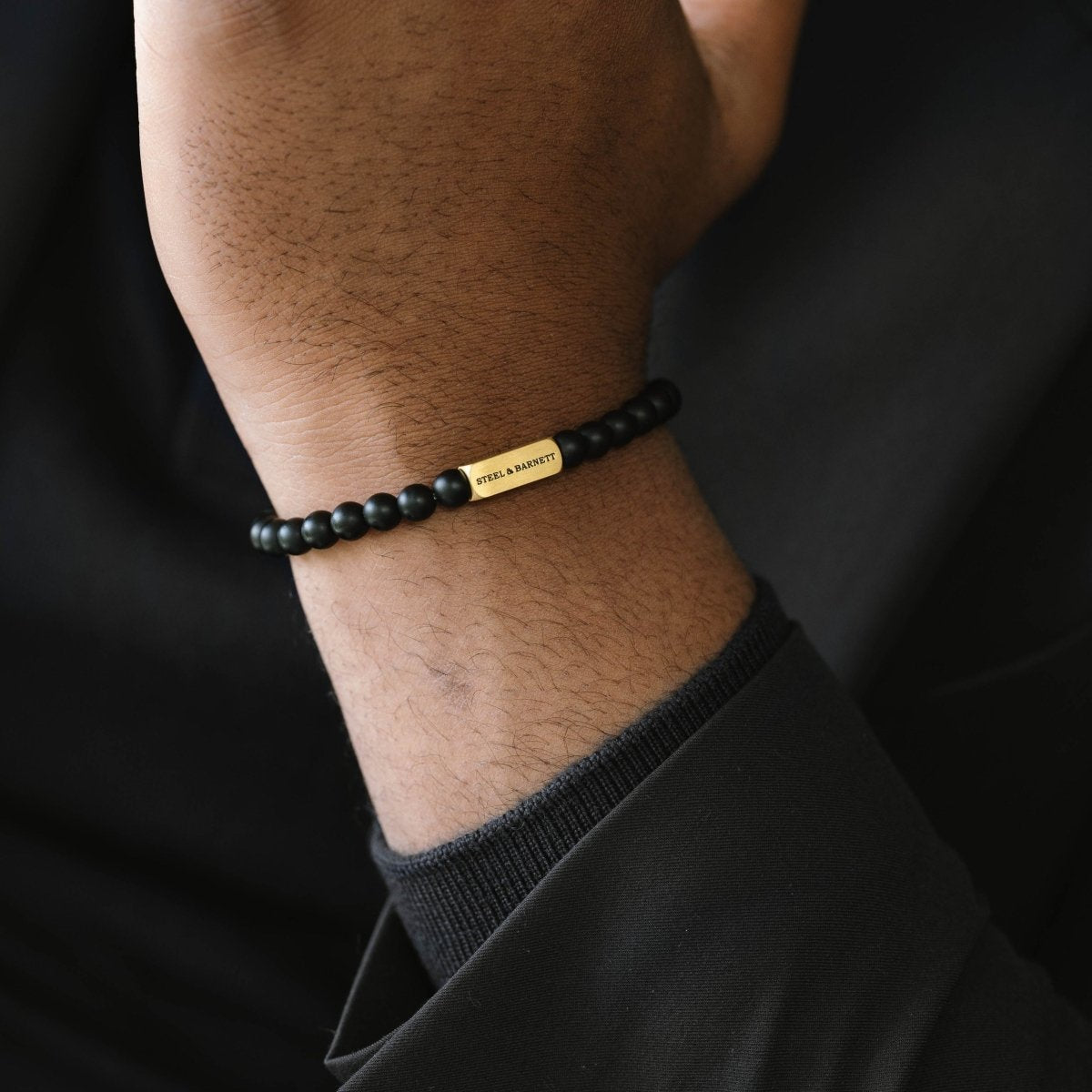 Natural Ned 6mm Round Gemstone Bracelet Matt Black Onyx/18K Gold - STEEL & BARNETT