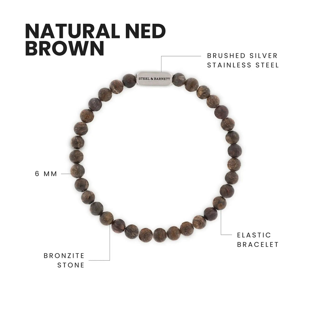Natural Ned 6mm Round Gemstone Bracelet Matt Bronzite - STEEL & BARNETT