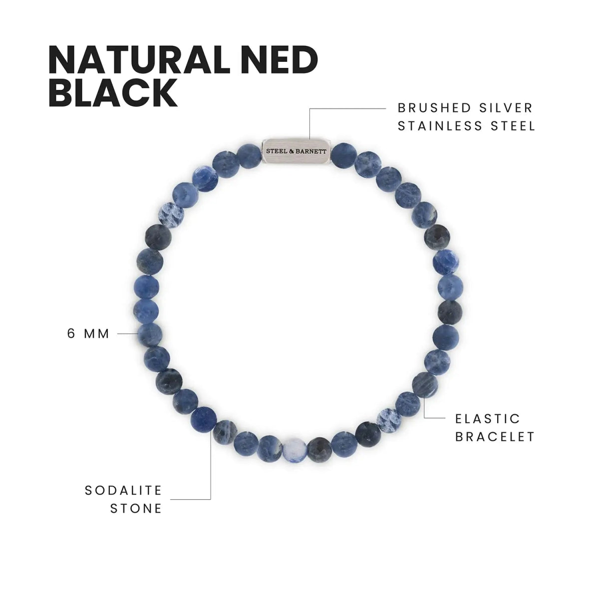 Natural Ned 6mm Round Gemstone Bracelet Matt Sodalite - STEEL & BARNETT