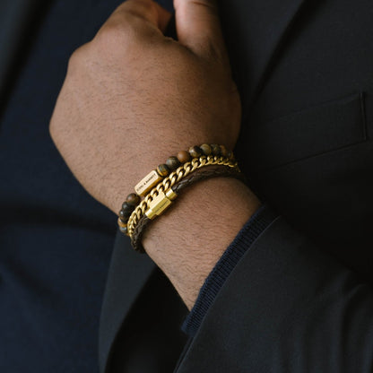 Natural Ned 6mm Round Gemstone Bracelet Matt Tiger Eye/18K Gold - STEEL & BARNETT