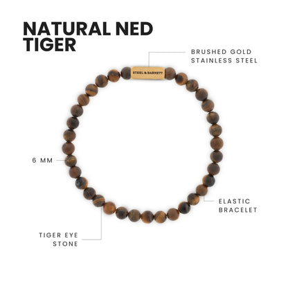 Natural Ned 6mm Round Gemstone Bracelet Matt Tiger Eye/18K Gold - STEEL & BARNETT