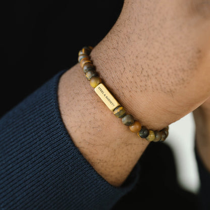 Natural Ned 6mm Round Gemstone Bracelet Matt Tiger Eye/18K Gold - STEEL & BARNETT